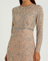 Beige Long Sleeve Beaded Evening Gown
